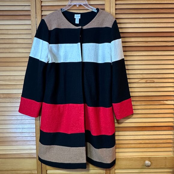 Chico’s Wool Striped Coat Jacket Size 2 Black Red Tan Ivory - Picture 1 of 12